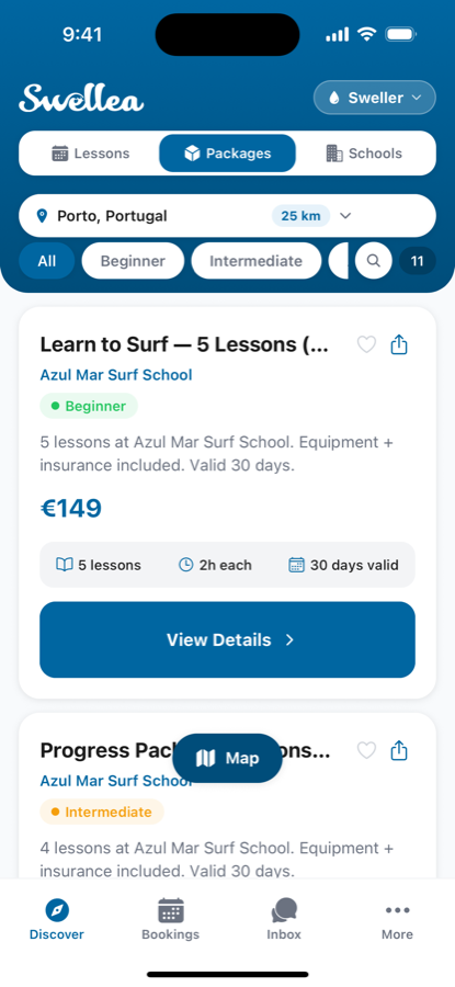 Multi-lesson surf packages near Porto in the Swellea app